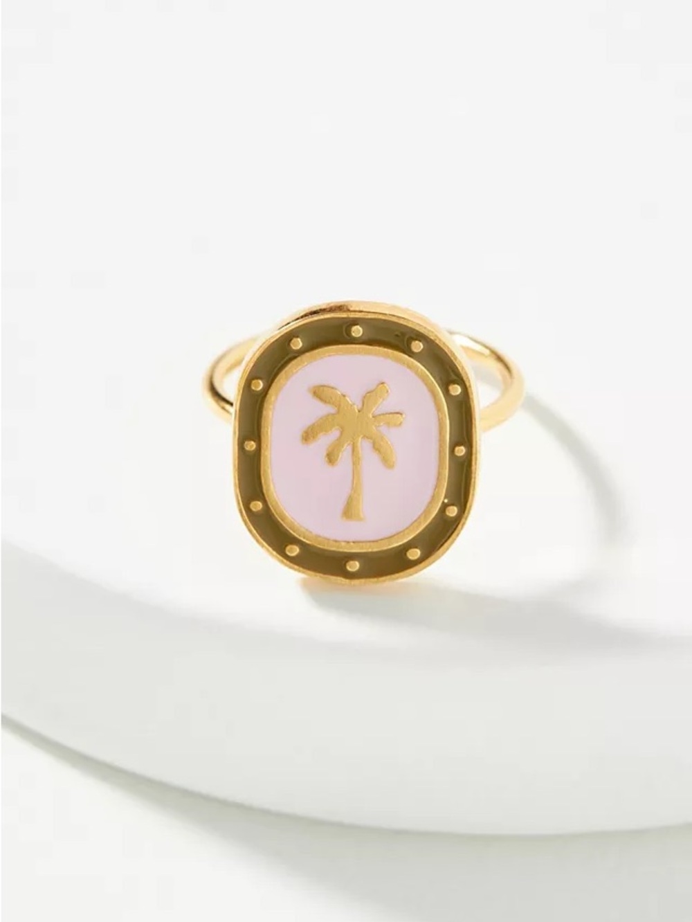 Gold Palm Tree Pink Enamel Ring